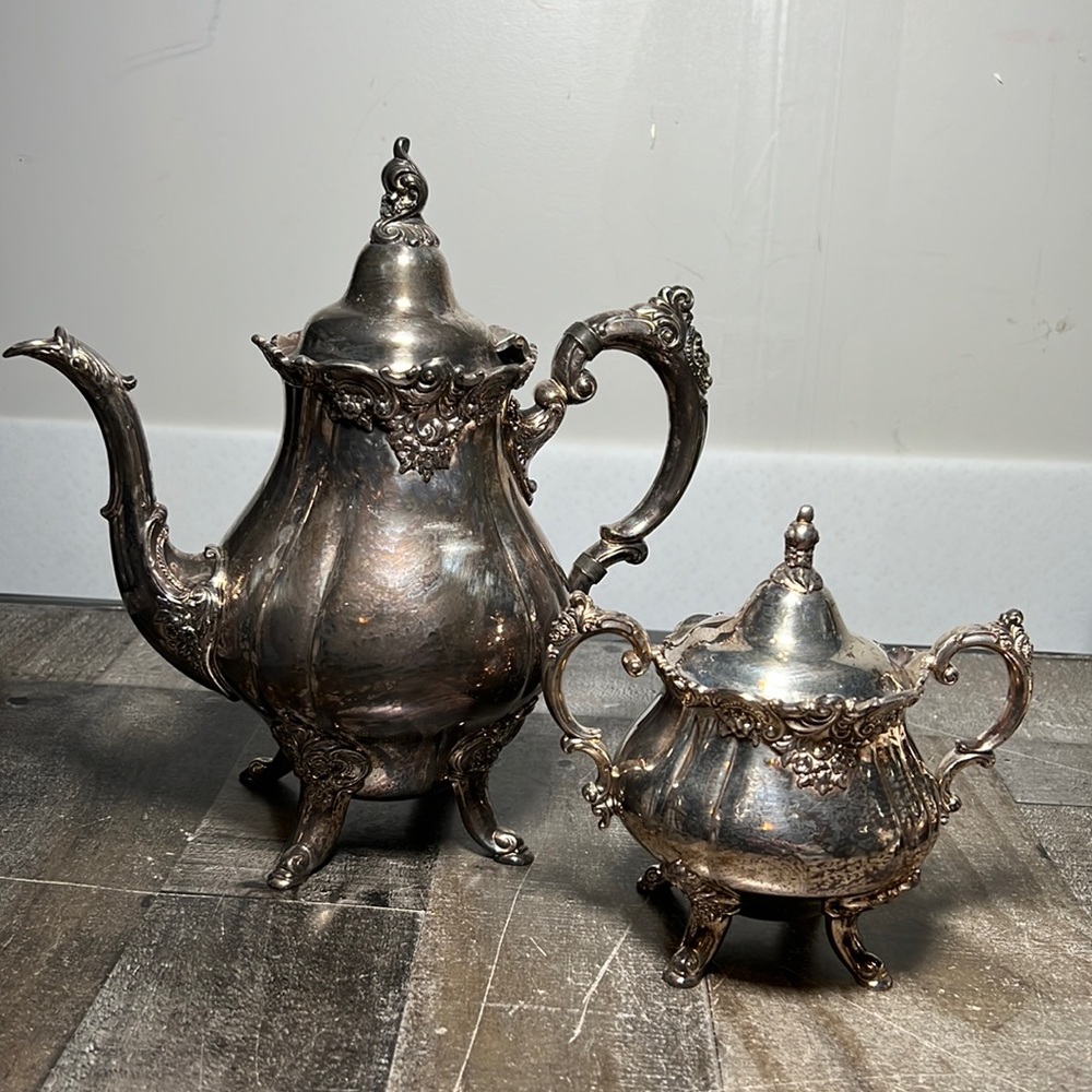 Vintage Baroque By Wallace Silverplate Teapot and  Sugar Bowl with lid